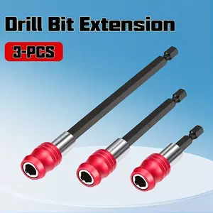 3-Piece Drill Bit Extension Set, Magnetic Quick-Release Sleeve, Impact Drive, 1/4 Inch Hex Shank, Compatible with Drill Presses