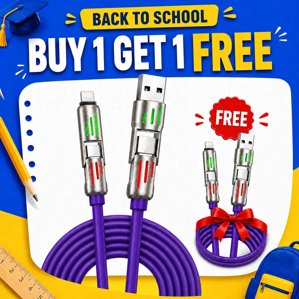 【Buy 1 Get 1 Free】6.6FT 4-in-1 USB-C Cable, PD Fast Charging, For Data Sync, USB-A, Type-C, Light.ning, Aluminum, Portable Charger, #tiktokshopbacktoschool