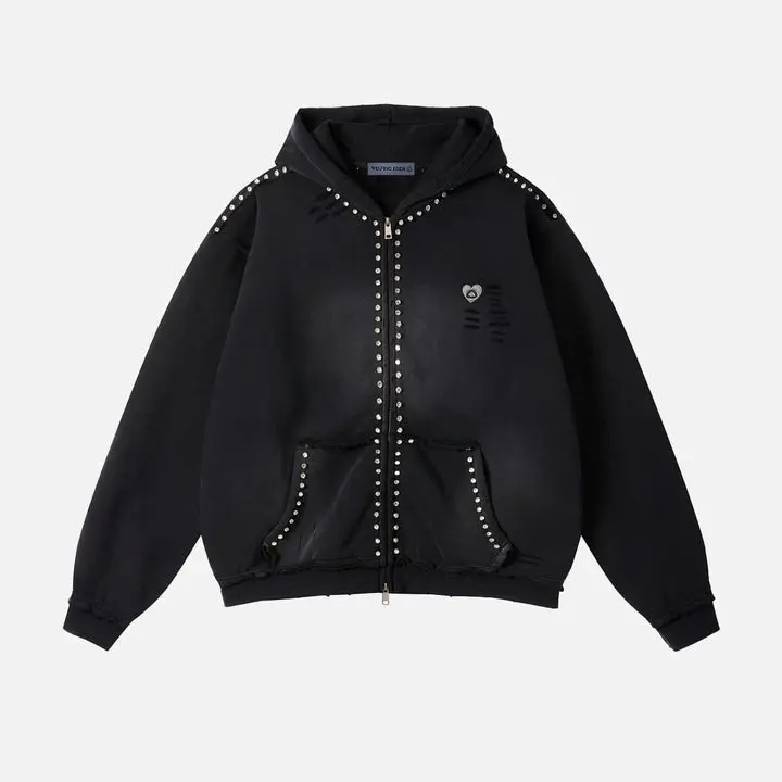 Aelfric Eden Unisex Distressed Rhinestone Zipper Hoodie - Oversized, Dropped Shoulder, Studded Embellishment, Frayed Edge, Long Sleeve, Ribbed, Comfortable Polyester Blend, Punk High Street Streetwear, Machine Washable Casual Sweatshirts with Great Fit, Z