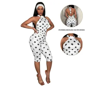 2026 New Polka-Dot Print Halter-Neck Backless Jumpsuit with 3/4-Length Athletic Pants Gifts, Women's Fashion Sexy Backless Jumpsuits, Womens Sleeveless Halter Top Bodycon Capri Pants Going Out One Piece Outfit