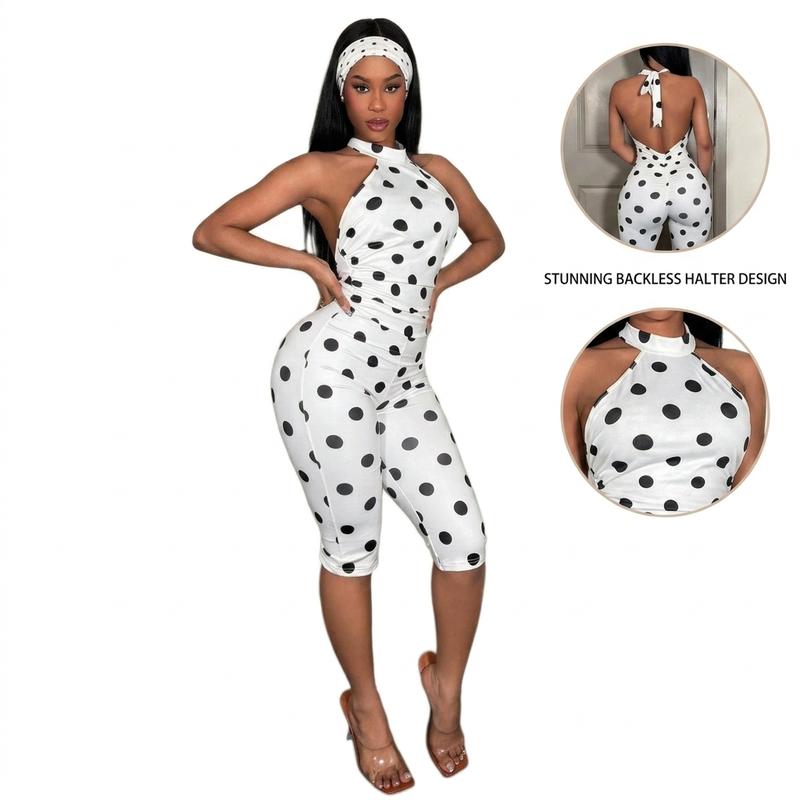 Women's 2026 New Polka Dot Halter-Neck Backless Stretchy Soft Breathable Sports Jumpsuit - 3/4-Length Pants, Sleeveless Bodycon Clubwear for Cocktails, Disco, Cold Wash Compatible