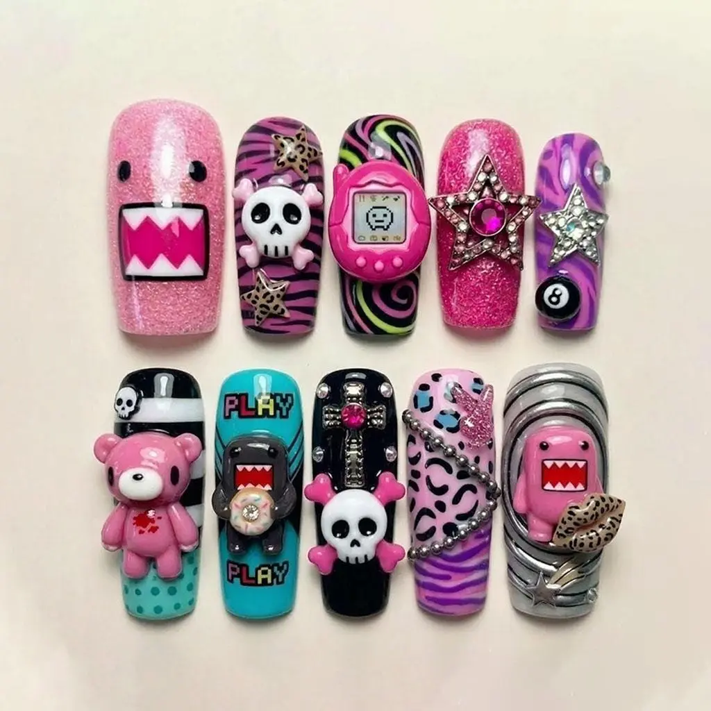 Pink Y2K Press On Nails, 3D Gamer Bear and Skull Design, Retro Virtual Pet Inspired, Zebra Swirl Glitter Star, Kawaii Chunky Charms, Handmade Reusable Square Nail Set