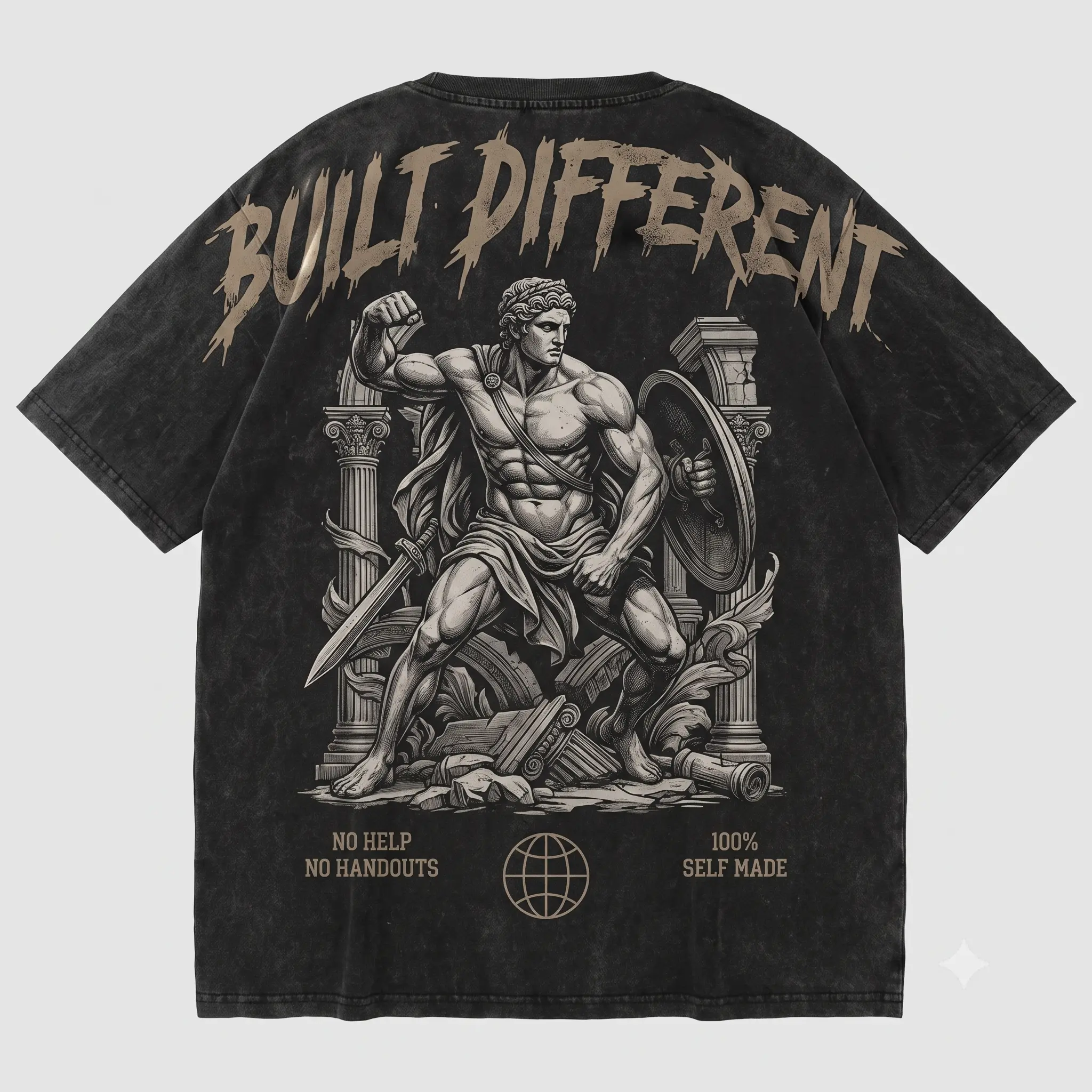 Vintage Washed Hercules Graphic Tee for Men | Built Different Self-Made Oversized Streetwear T-Shirt