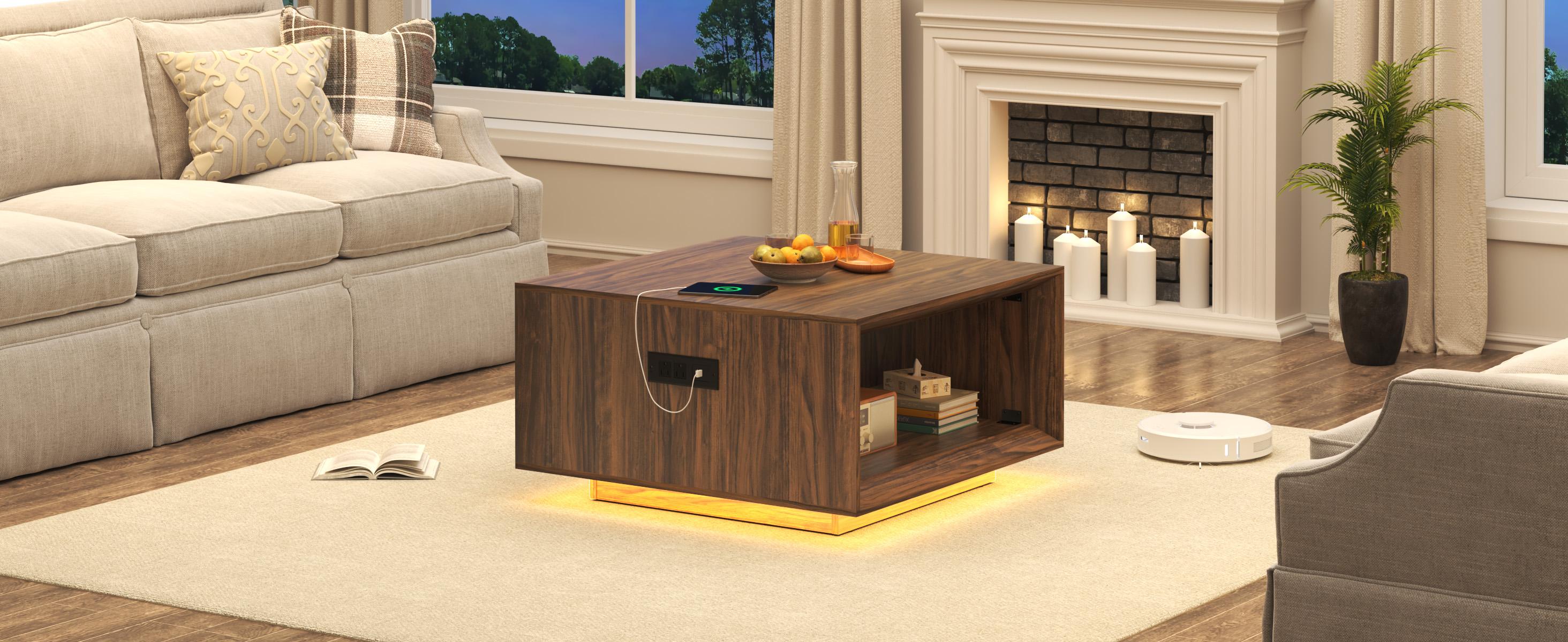 32" Mid Century Modern Coffee Table with LED Light & Power Outlet, 2-Tier Square Storage Coffee Table for Living Room, Deep Beveled Edge Thick Wood Cocktail Table