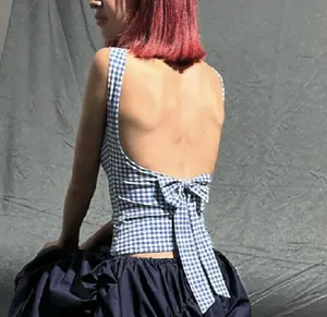 Women's Fashion Bow Backless Tank Top Casual Romantic Plaid Print Sleeveless Crop Tops Korean Summer Slim Fashion