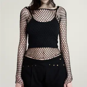 Mesh Long Sleeve Top – Tight Fitting Hex Fishnet Shirt, See Through Sheer T Shirt for Rave Women Men, Breathable Clubwear for Festival Party Dancing – Black/White