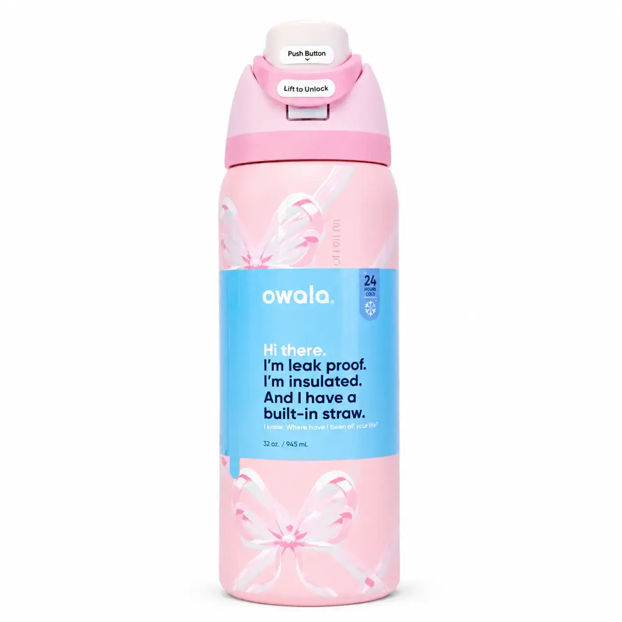 Women's Owala FreeSip 32oz Reusable Insulated Stainless Steel Water Bottle - Sugar Plum Fairy Pink Coquette Bow Print, Built-In Straw, Leakproof Lid, Aesthetic Loop Drinkware, Cute Gift