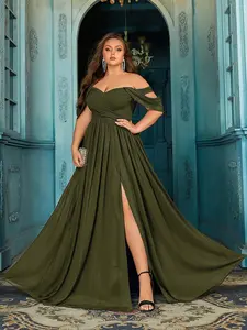 Plus Size Olive Green Off Shoulder Chiffon Bridesmaid Dress | High Slit A-line Wedding Guest Gown