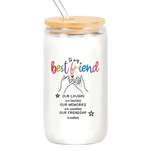 16 Oz Borosilicate Glass Cup Set with Straw & Brush, Perfect Birthday Gift for Her, Thoughtful Friendship Gift for Best Friends, Water Glass Cup