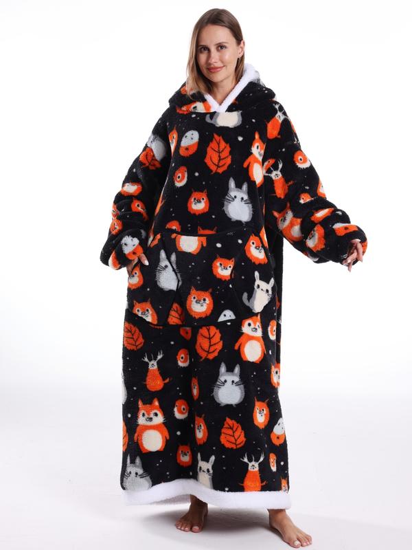 Women's Skull Print Bathrobe, Thick Casual Loungewear with Pockets, Halloween Theme, Fall & Winter, Loose-Fit TV Blanket, Flannel Cozy Blanket