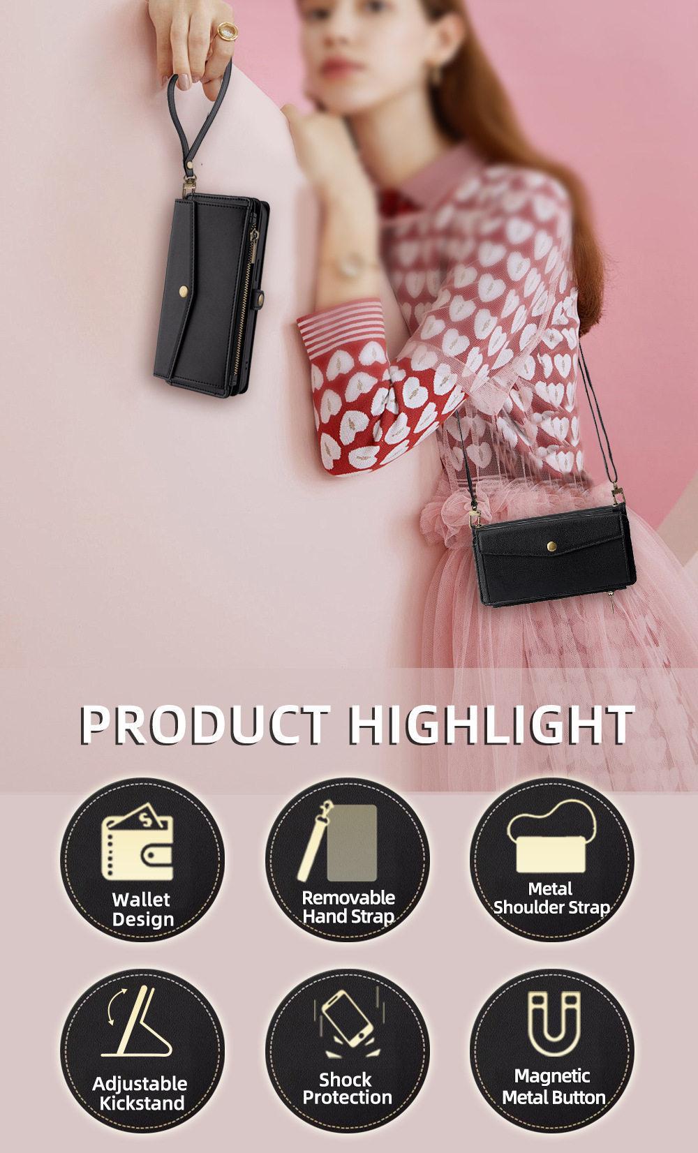 for iphone 17 pro max cases 16 16Plus 15 14 13 12 Pro Max Air Crossbody Wallet Phone Case, PU Leather Flip Purse Case with 5 Card Slots, Zipper Pocket, Adjustable Shoulder & Wrist Strap, Kickstand, Magnetic Closure, Multi-Functional Protective Phone Cover