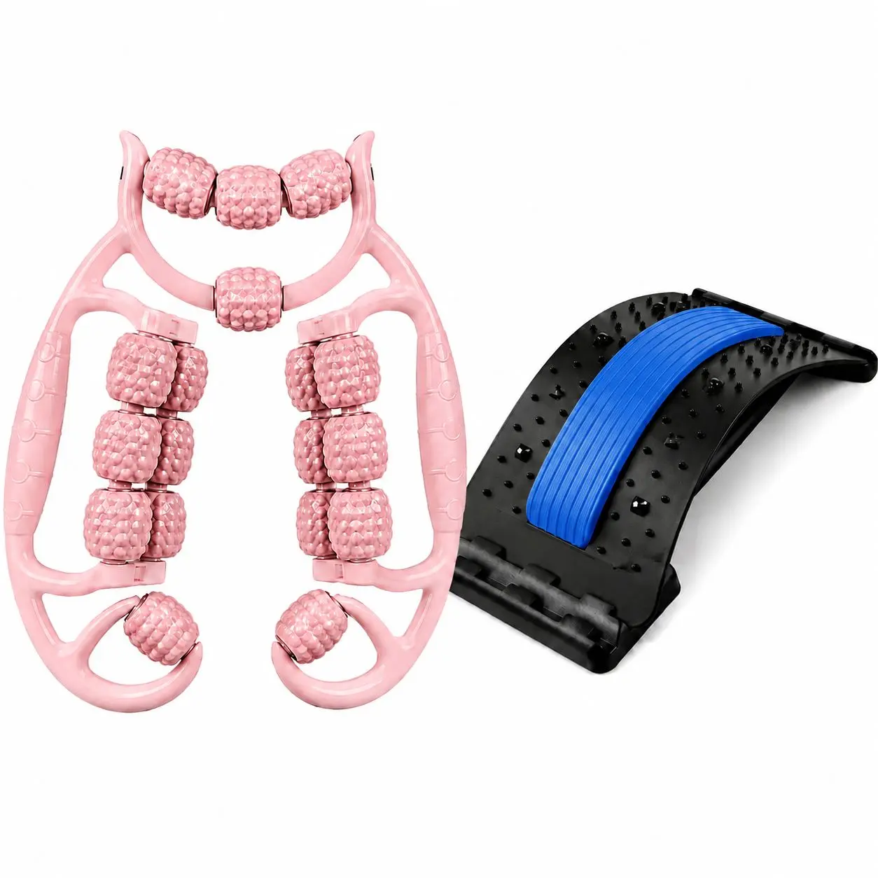 2-in-1 Back Care & Massage Therapy Kit | 4-Level Adjustable Back Stretcher for Lower Back Pain Relief, Spine Stretching & Posture Correction + 18-Wheel Deep Tissue Massage Roller for Legs, Calves, Thighs, Arm Neck, Shoulders & Full Body Muscle Relaxation