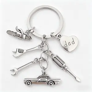 1Count/ Repair ol Keychain Father's Day Alloy Keychain Love Dad, Dad Birthday for Father Father’s Day "All-Star Dad" Tool & Car Keychain, 6 Charm Set (Tools + Classic Car + Heart "dad" Tag), Perfect Handyman Gift for Dad
