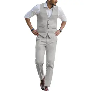 WOMS Mens Linen Suit 2 Piece Casual Summer Suits for Men Groomsmen Beach Wedding Party Vest Pants Suit