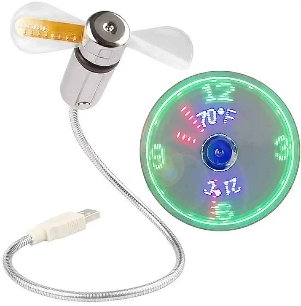 Portable 3D Holographic Projection Clock Fan with Real-Time Temperature Display, Flexible Electroplated Gooseneck Design, Ideal for Office Desk, Bedroom Decoration, and Creative Holiday Gifts.