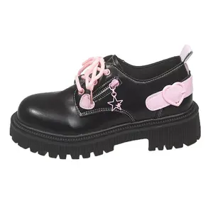 Y2K pink black leather loafers for women 2026 new