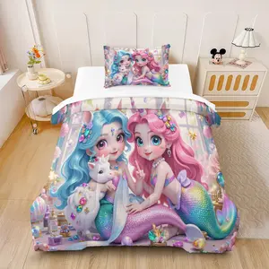 Cartoon Mermaid Girl and Unicorn Quilt Set,Including 1 Quilt and 1 or 2 Pillowcases Without Pillows,Suitable as a Gift for Children and Teenagers,Soft and Warm Bedroom Decoration