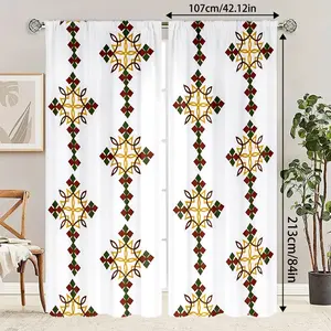 2 Pieces, 2D Flat, Ethiopian Cross Stitch Curtains - Interior Decoration, Style Home Decoration with Cultural Patterns, Art Curtains, Durable Window Decorations, Interior Design Lovers, Perfect for Christmas Day Curtains