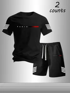 Men's Summer Versatile 2-Piece Set, Letter Print Round Neck Short Sleeve Casual T-Shirt + Waist Drawstring Shorts, Breathable Comfort Fit