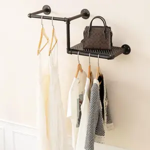 Industrial Pipe Clothing Rack with Floating Shelves, 2 Rods Wall Mounted Garment Rack, Iron Clothes Bar,-Saving Clothing Rails for Closet (2 rods 1 shelf)