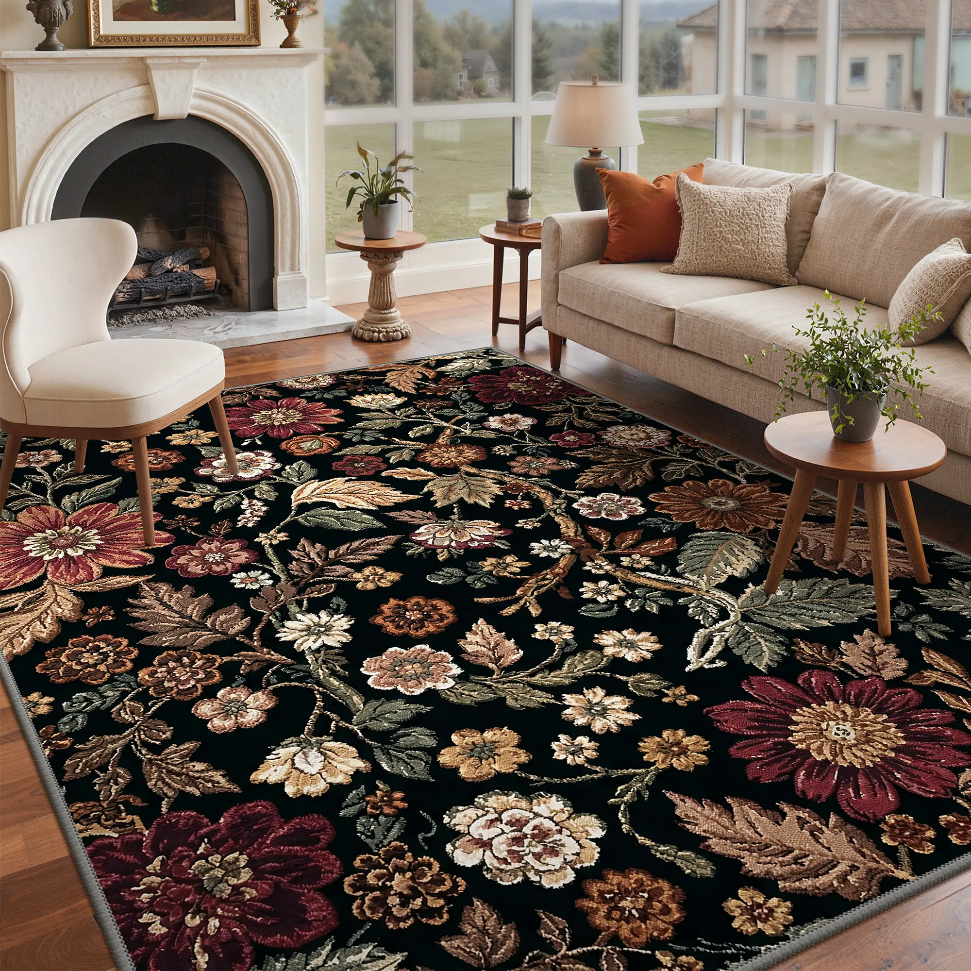 【Back To School】GENIMO Area Rugs for Living Room Machine Washable, Non Slip Low Pile Soft Boho Floral Rugs, Daisy Flower Vintage Carpet for Bedroom Dining Room Office, Black/Burgundy-Multi