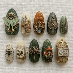 Handmade Vintage Botanical Press on Nails | 3D Mushroom Luna Moth Art | Goblincore Aesthetic Whimsical Dark Forest Nature Witchy