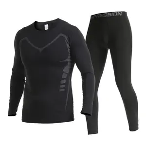Men's fleece-lined thermal underwear set: crew neck long-sleeve top, suitable for sports, outdoor activities, skiing as a base layer, and gym use, with quick-drying function