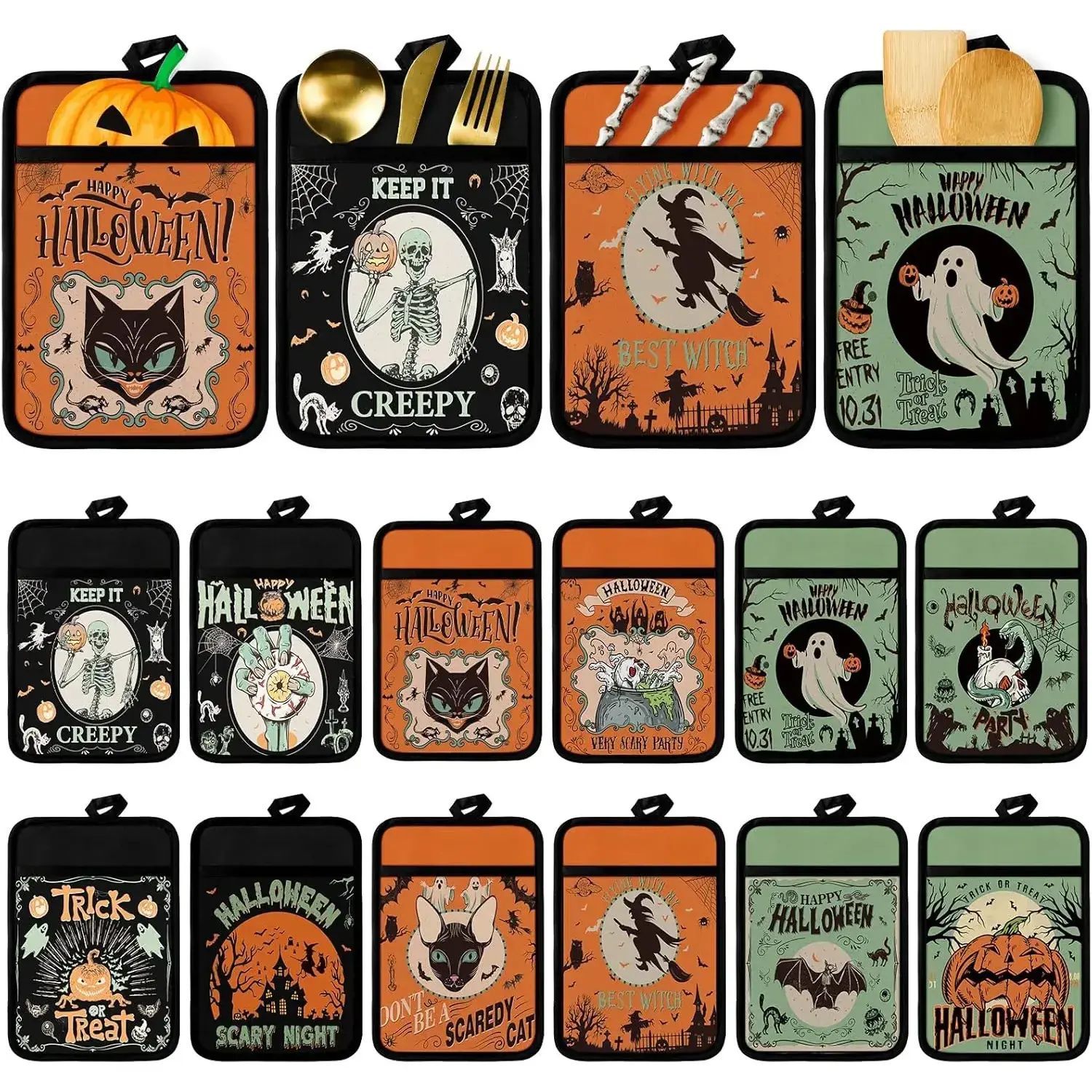 12 Pcs Halloween Pot Holders with Pocket Ghost Hot Pads and Oven Mitts Spooky Pumpkin Farmhouse Gloves for Kitchen Gothic Witchy Baking Cooking Gift