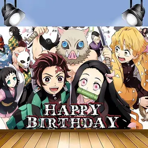 Demon Slayer Happy Birthday Anime Cartoon Theme Backdrops Banner Birthday Party Decor Supplies