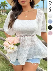 【Plus Size】 Plain Hollow Out Blouse, Casual Short Sleeve Top for Summer, Women's Clothing for Daily Wear