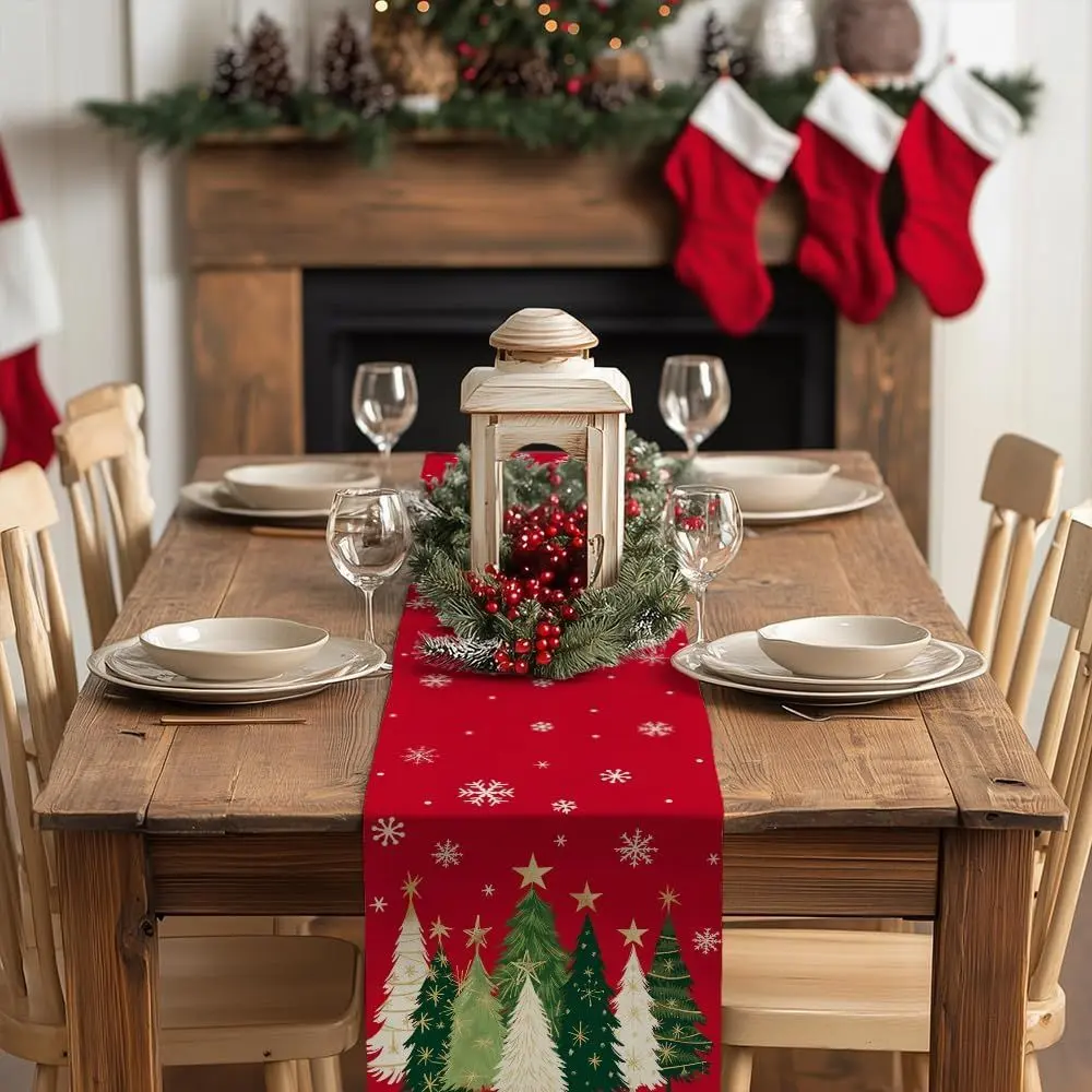 Christmas Table Runner 13x72 Inch, Xmas Trees Snowflakes Winter Holiday Decorative Farmhouse Table Decorations for Kitchen Dinning, Indoor Outdoor Dinner Party Decor (Red)