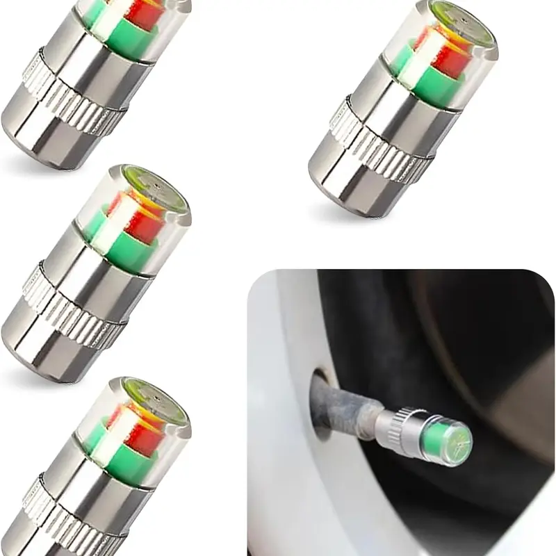 YXCY Chrome-Plated Copper & Stainless Steel Automotive Tyre Valve Caps Tools, Car Parts with 2.4Bar/36PSI 3-Color Pressure Alert, Extends Tire Lifespan, Boosts Driving Safety for Cars, Motorbikes