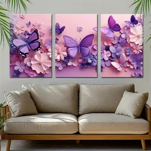 3 Pieces Unframed Purple Butterfly Canvas Painting Wall Art Butterfly Picture Wall Decor Watercolor Painting For Girl Room Decor Pink Many Home Decor Wall Poster Room Decor Accessories