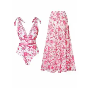 Women's V Neck BluePrint Bow Strap Non-Adjustable One-PieceSwimsuit and Matching Cover Skirt Set SummerSwimdress Swimming White Bathing Suit StylishBeachwear swimsuits 2026 women#TikTokShopStockUp#TikTokShopMothersDay