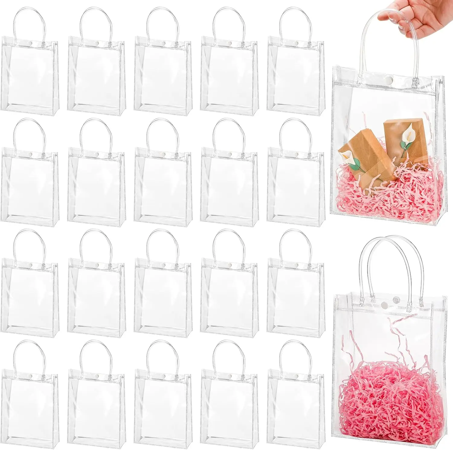 Pack of 40 Clear PVC Gift Bags with Handles, 9.1x6.7x2.7 Inches Reusable Gift Wrap Bags, Clear Tote Shopping Bags for Merchandise, Retail, Boutique, Party Favors, Wedding, Birthday