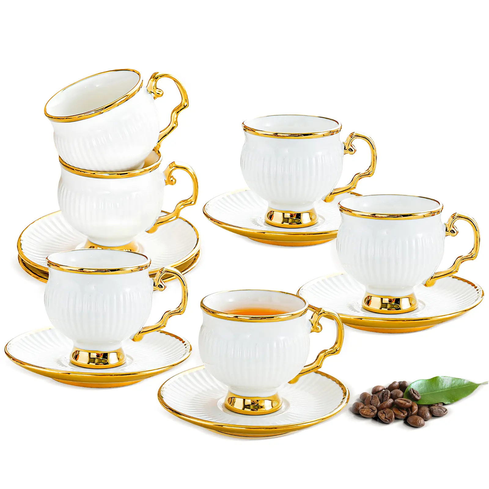 Coffee Cup Set of 6 with Saucers, 3.5 OZ Ceramic Espresso Cups Set, Gold Trim Turkish Coffee Cup Gift for Cappuccino, Latte, Cafe Mocha and Tea, Dishwasher & Microwave Safe