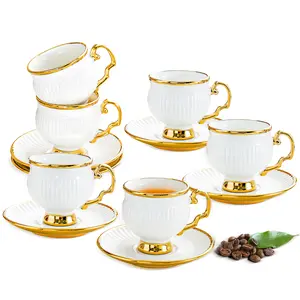 Coffee Cup Set of 6 with Saucers, 3.5 OZ Ceramic Espresso Cups Set, Gold Trim Turkish Coffee Cup Gift for Cappuccino, Latte, Cafe Mocha and Tea, Dishwasher & Microwave Safe