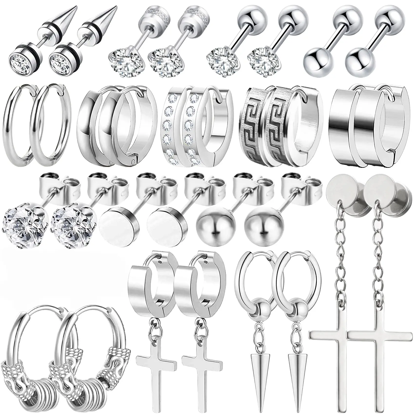 16 Pairs Earrings for Men, Stainless Steel Earrings For Men Sensitive Skin, Fashion Earring Piercing Jewelry Cross Dangle Hoop Earrings Kit Studs Long-lasting Shine