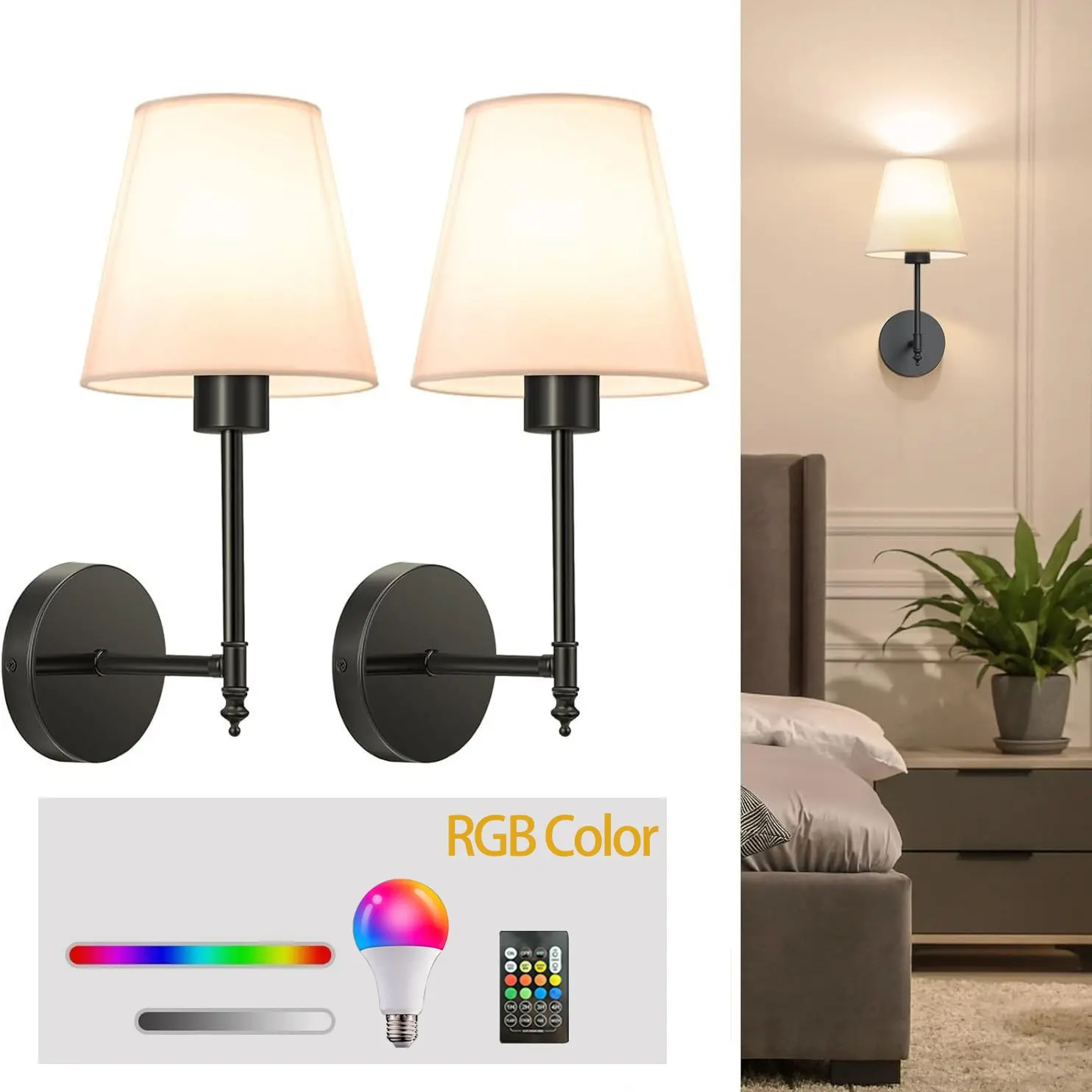 2-pack RGB rechargeable bulbs, no wiring required, removable RGB bulbs, dimmable, suitable for living room, bedroom, bedside atmosphere wall lamps, RGB Lights, Home Decor Lighting, Rechargeable Wall Sconces