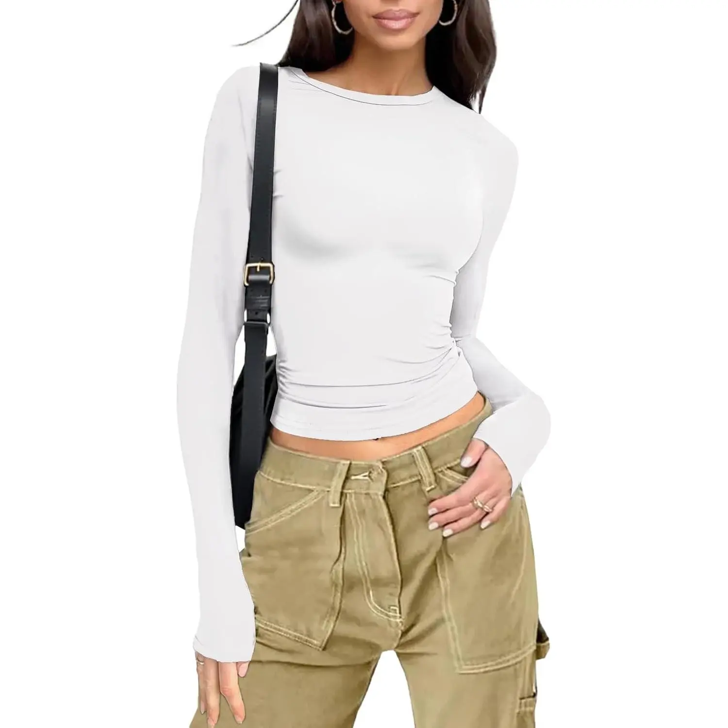 Womens Long Sleeve Shirts Tees Slim Fit T Shirt Crew Neck Crop Top Casual