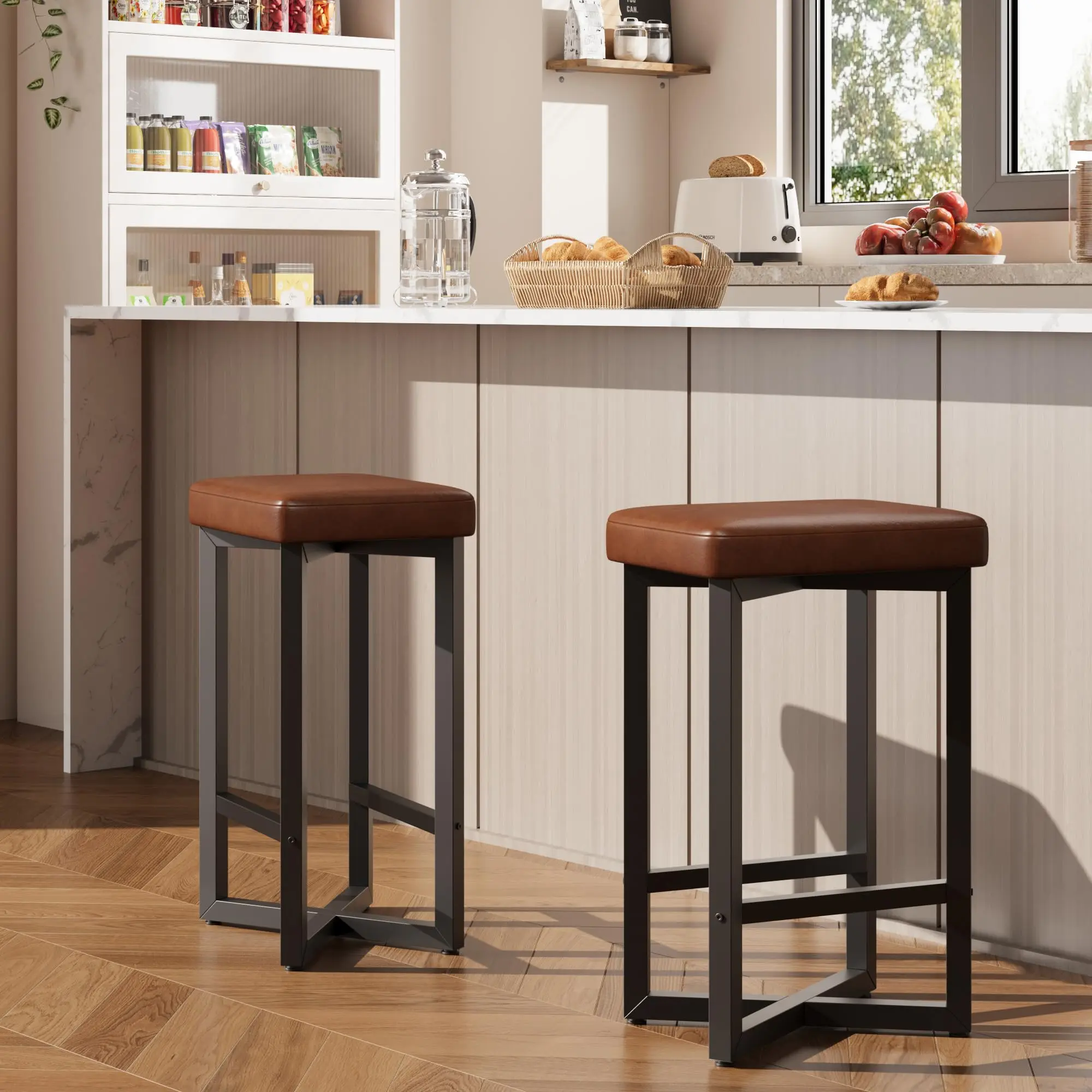 Minimalist Backless Counter Height Bar Stools - 24.6in PU Leather Upholstered, Metal X-Frame, Footrest, 11.8in Deep Seat, Hidden Glide Base, Stable on Uneven Surfaces, Assembly Required, Indoor Furniture for Kitchen Home Bar