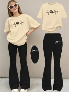 Summer Fashion Print Girls' Clothes Set: Drop-Shoulder Short-Sleeve Crew-Neck T-Shirt + Stretch Flared Pants – Casual, Versatile Two-Piece Outfit for Outdoor Activities