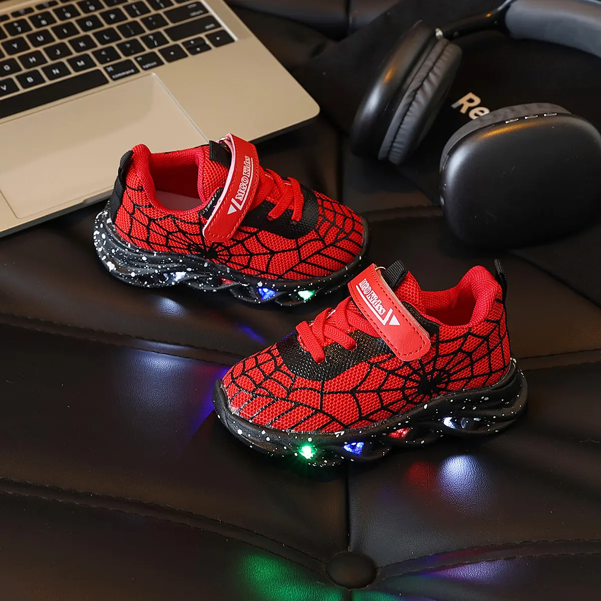 Boys' Spiderman LED Light-Up Sneakers, Breathable Mesh Shoes with Soft Sole for Daily School & Outdoor Wear