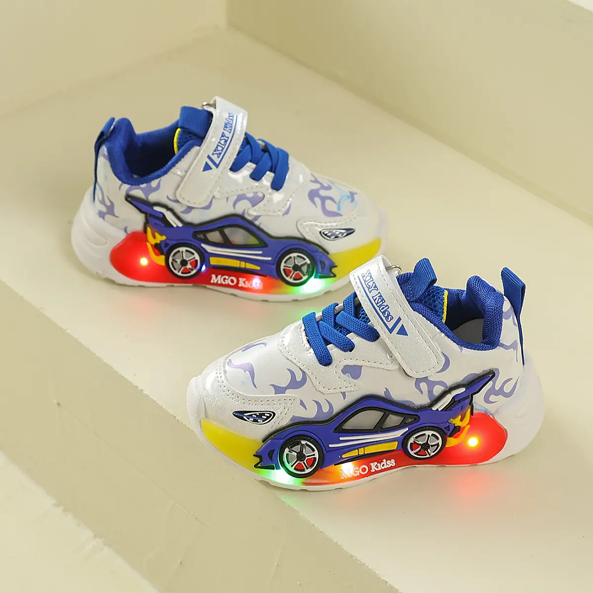 Back to School Boys Cartoon Race Car LED Light Up Sneakers, Soft Non-Slip Sole Casual Shoes for Toddler Kids Daily School & Outdoor Wear