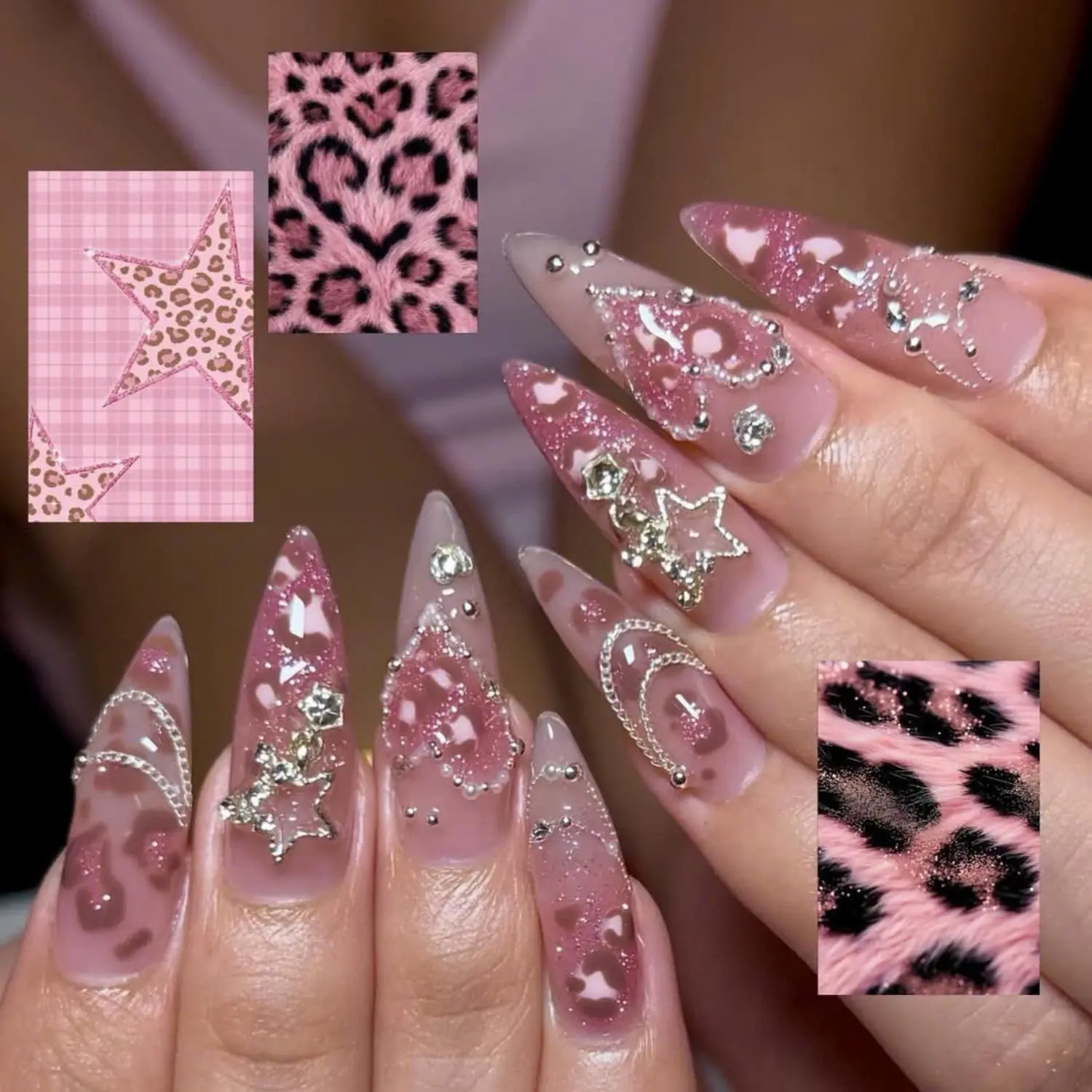 Pink Leopard Heart Press-On Nails, Glitter Jelly Stiletto Design, Crystal Star Charm, Rhinestone Swirl Details, Soft Coquette Glam Aesthetic, Luxury Sparkly Statement Nails for Trendy Fashion Looks