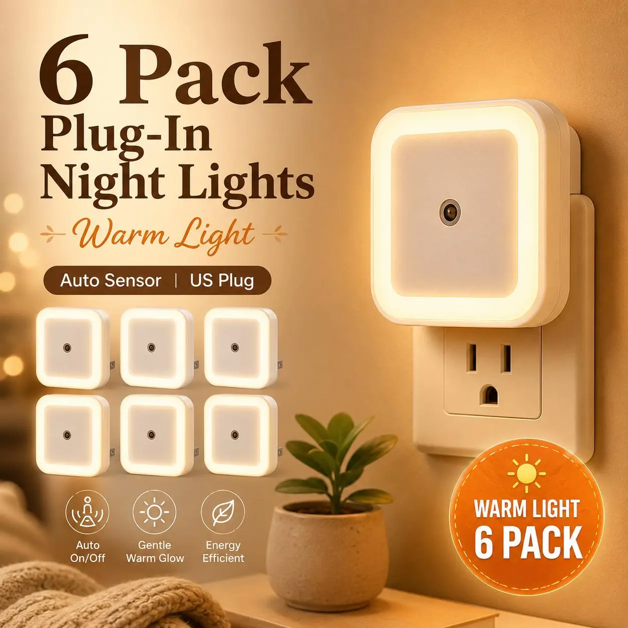 6 Pack Plug-In LED Night Lights with Auto Light Sensor, Compact Dusk to Dawn Night Light for Bedroom, Hallway, Bathroom, Kitchen & Stairs