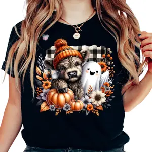 Spooky Season Highland Cow Shirt – Cute Ghost & Pumpkin Fall Tee, Autumn Cow Graphic, Cozy Halloween Shirt, Pumpkin Spice Boo Vibes Cotton Top Womenswear Fit Summer T-Shirt