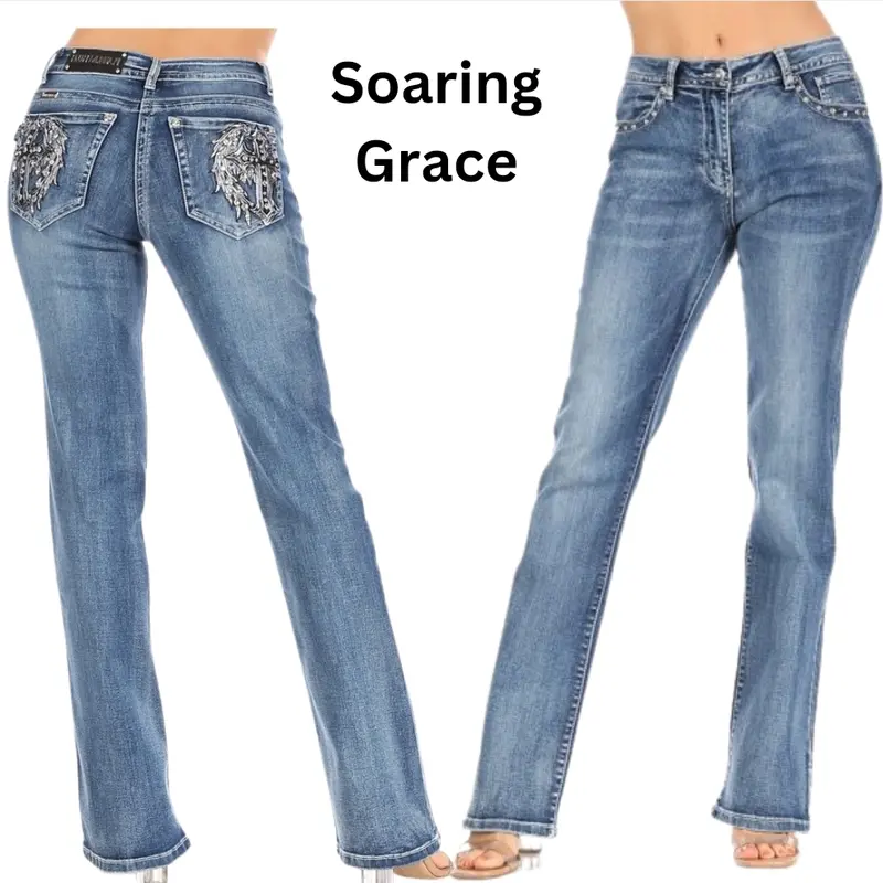 ANGEL WING McBling Jeans Y2k Rhinestone Stretch Bootcut Denim Comfort Rock midwaist Embroidery Style Fitted Statement Womenswear Bottom Streetwear