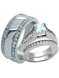 His and Hers Wedding Rings Princess Cut Cz Set Stainless Steel Eternity Band bridal ring Cubic Zirconia
