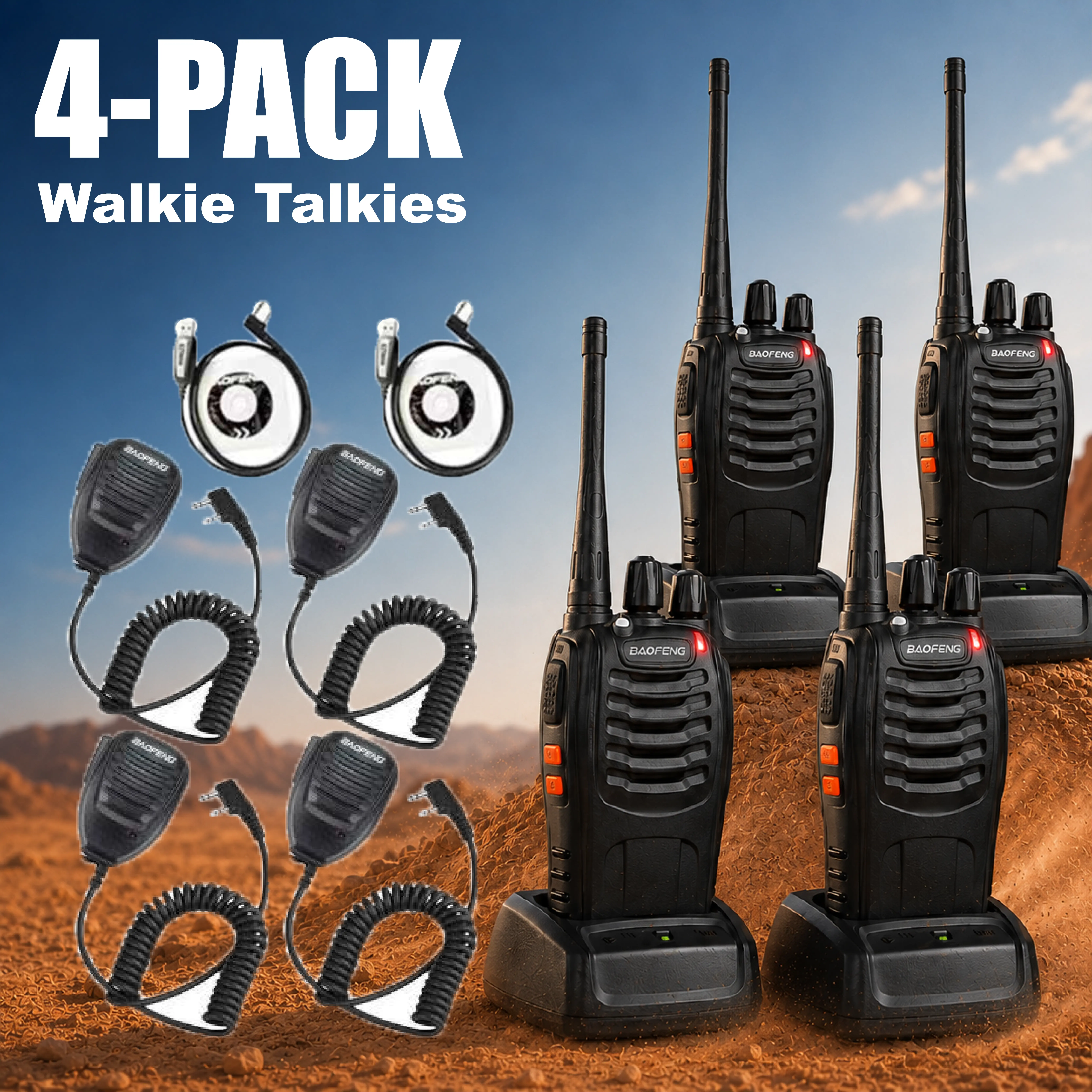 4pcs BF-888S Handheld Intercom Set 4 Pack Walkie Talkie 16 Channels Rechargeable Two Way Radios with Earphones Micro for Adults Long Range Portable Communication